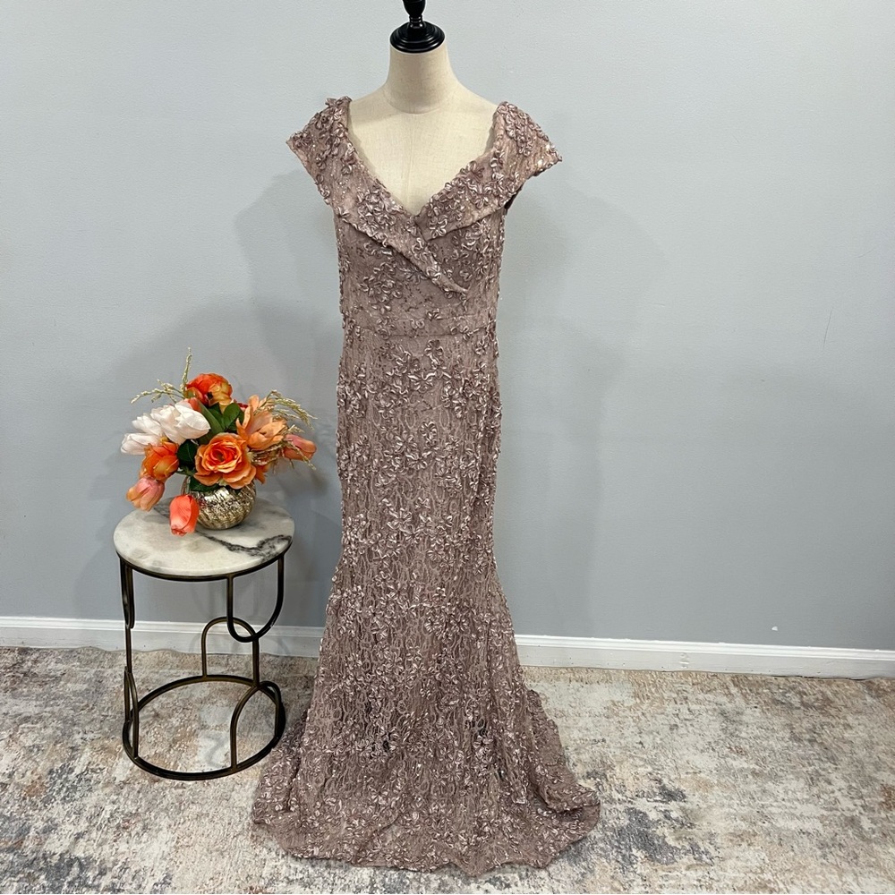 Xscape Mauve Floral Textured Embellished Off The Shoulder Formal Maxi Gown -